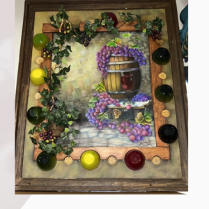 Pintura al óleo bodegón con barrica de vino